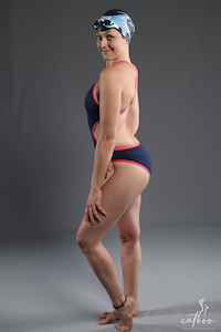 Model in Arena swimsuit and swim cap